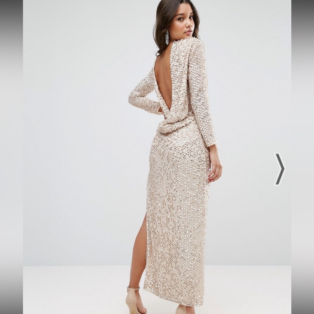 ASOS Gold All Over Embellished Sequin Side Slit Open Cowl Back Maxi Dress NWT‎ 2